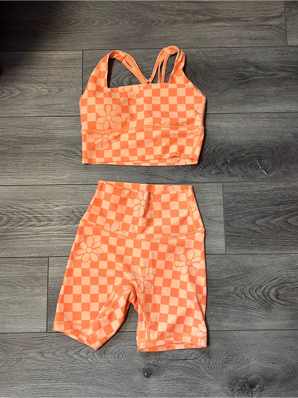 Pink Lily Orange Checkered Floral Sports Bra & Biker Short Set